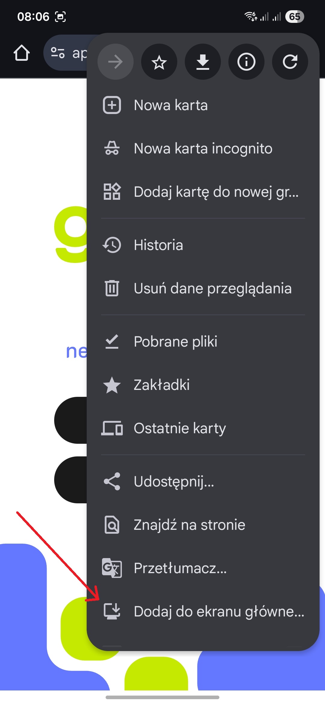 Opcja instalacji aplikacji w menu Chrome