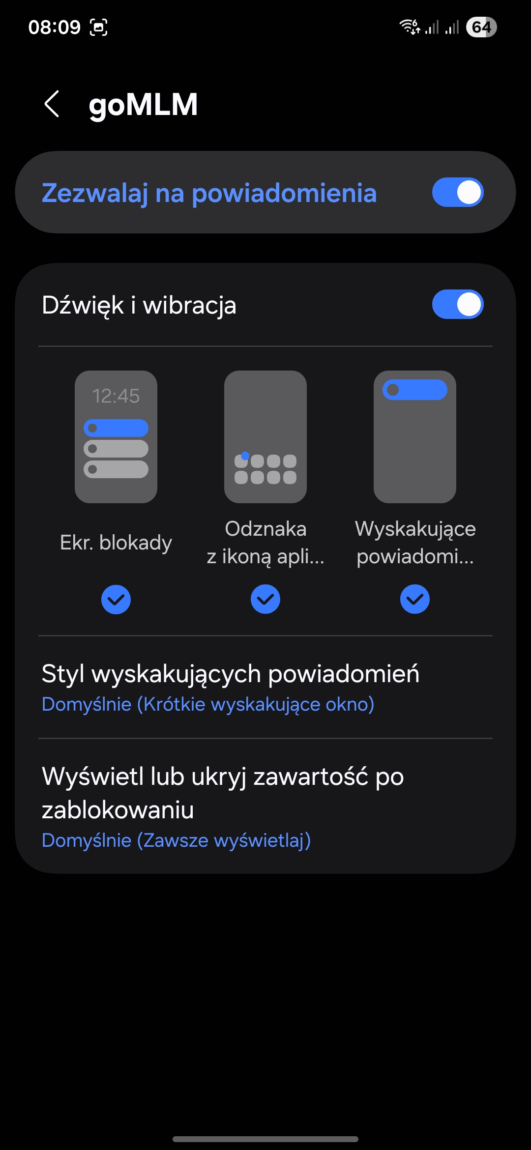 Powiadomienia włączone - ekran potwierdzenia